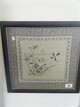 Ebony f/g Oriental silk woven picture depicting Bird in flight Flowers and Branches, c1920`s