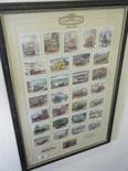 Framed collection of Castella cigar cards, buses and transport, and a Golden Era collectors car,