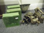 Vintage items including old Vice, Iron, Toaster and 3 x green glass bricks