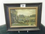 Ebony framed oil painting on board, Continental landscape scene