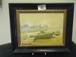 Small ebony framed oil painting on board, signed R Benicot? Stylized panoramic landscape scene,