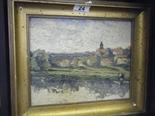 Gilt framed 19c Impasto style oil painting on board, French panoramic landscape scene