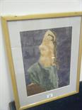 Pine framed interesting watercolour over pencil of a stylized partly clad female with cloak,