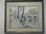 F/g watercolour by Andre Malterre, Parisian bridge and river and landscape scene with figures