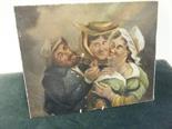 George Cruikshank? Thomas Rowlandson? interesting un=framed oil painting on board, of 3 caricature
