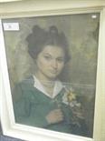 Interesting f/g pastel portrait of a young girl, 20" x 26" signed bottom left, Dermont?