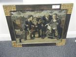 c1950 large framed oil painting on board 4 men on a roof top reading the paper, all in working men`s
