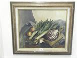 F/g still life oil painting Onion, Red Cabbage on a bread board signed R Bazatron, image size 18"