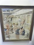 Interesting 1950`s watercolour numerous in swimming costumes sitting by a swimming pool and on a