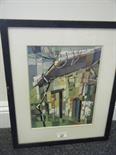 Cubist, a framed painting on board-card, Street building with tree signed Ken Lonlot, ? Dated 57`