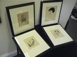 Collection of 4 f/g caricature pictures, French people? Lady in sailor hat, Man with scarf, Man with