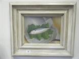 Cream framed oil painting on canvas Still life of a Mackerel on a napkin canvas size 12" x 16"