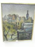 Large framed oil painting on canvas in 1960`s gilt frame, by Christine Landmann, panoramic landscape