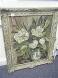 19c gilt frame with enclosed still life of Magnolia oil painting on a table ledge in a vase,