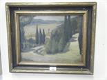 Oil painting on board, panoramic Continental landscape scene with monogrammed AL enclosed in a