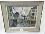 Oil painting on board signed J L Galy, a busy street scene at Montinaratre, painted 1956, 16" x 20"