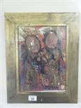 Unusual Modernist collage multimedia drawing 2 figures label to back, Encadrements in gilt frame,