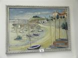 Oil painting on board, painted in a naive style signed Leclere? Dated 1969 a panoramic harbour scene