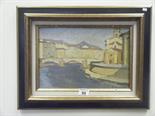 Panoramic Continental landscape scene, bridge, river and buildings, stylized painting on board,