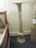 Coloured marble Torchere 3` tall on turned column swirling and etched decoration throughout, gray