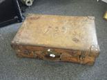 Vintage large leather suitcase with brass lock and highlights, both leather secure straps, broken,