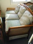 Edwardian period 3 piece Bergere sofa and chairs comprising 2 single armchairs, walnut with Bergere