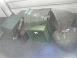 Vintage items including old Vice, Iron, Toaster and 3 x green glass bricks, 3 metal Hoppers