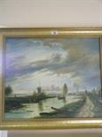 Large gilt framed decorative oil on canvas, Dutch landscape scene, 24"" x 28"" in gilt frame,