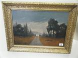 Decorative gilt framed 19c oil painting on canvas signed Lindguen, panoramic landscape with figure