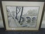 F/g watercolour by Andre Malterre, Parisian bridge and river and landscape scene with figures