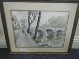 F/g watercolour by Andre Malterre, Parisian bridge and river and landscape scene with figures