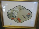 Oriental contemporary painting on silk, bird on branch,