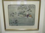 Large f/g oil and watercolour painting on silk of 2 ducks i an Oriental style landscape with artist