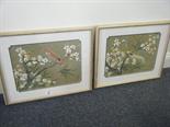 Gilt framed pair of Oriental paintings on silk Birds in Tree and flower landscape with artist