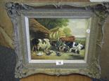 Oil painting on board, Cows and Ducks in a panoramic landscape, 10"" x 12"" antique style