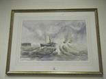 Gilt f/g watercolour Ships and figures in a panoramic rough shoreside scene by Kip Coombes, image