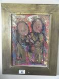 Unusual Modernist collage multimedia drawing 2 figures label to back, Encadrements in gilt frame,