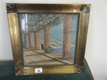 Gilt framed watercolour, Mediterranean landscape scene, from a balcony probably Italy