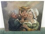 Oil painting on board c1850`s on Reedes and Sons board, picture depicting 3 caricatures in the