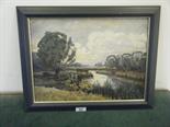 Oil painting on canvas, panoramic landscape scene with Cows by Alfren Jones, circa 1950`s