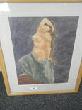 Pine framed interesting watercolour over pencil of a stylized partly clad female with cloak, bottom