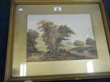 Gilt f/g 19c watercolour of a panoramic river and landscape scene with figures, cows and houses