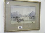 Framed & glazed 19c watercolour 6"" x 10"" of a mountainous landscape scene boats and figures