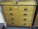 Satin walnut late 19c chest of 2 short and 3 graduating long drawers with brass Art Nouveau style