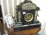 Late 19c monumental marble and black slate architecturally designed mantle clock; a centre section