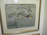 Pair of large gilt framed Oriental paintings of Birds in a Tree branch with flowers and 1 other