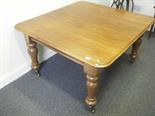 Mid-19c good quality mahogany extending dining table excepting 2 extra leaves, on turned supports