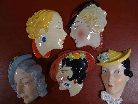 Five Ceramic Art Deco Style Wall Face Masks Of Elegant Young Women Most Approximately 7 Ins