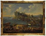 LUCA CARLEVARIJS (1663 1730) O AMBITO DI Porto di mare con bucintoro, navi e f igure Olio su tela,
