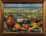 MICHELE CASCELLA (1892 1989). ATTRIBUITO A Natura morta con sfondo di paesaggio Olio su tela, 60,